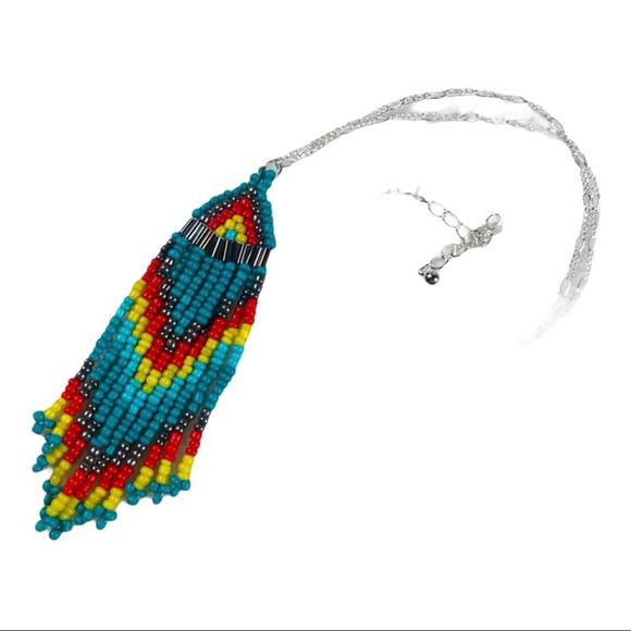 Tribal design multicolor beads on silver chain, gorgeous piece - Picture 1 of 5